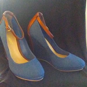 Wedge women shoes blue denim with brown